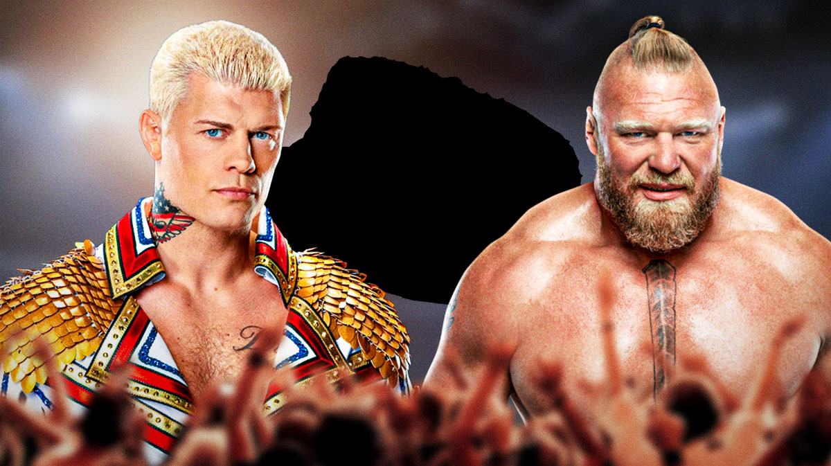WWE stars Cody Rhodes and Brock Lesnar with silhouette of a steak in between them.