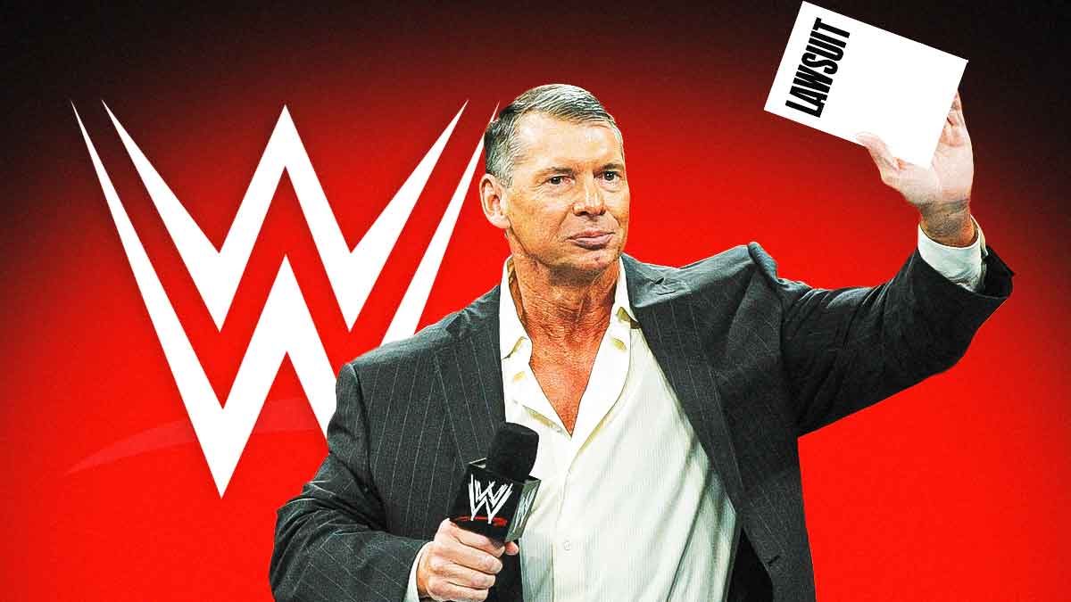Vince McMahon holding a piece of paper reading Lawsuit next to the WWE logo.