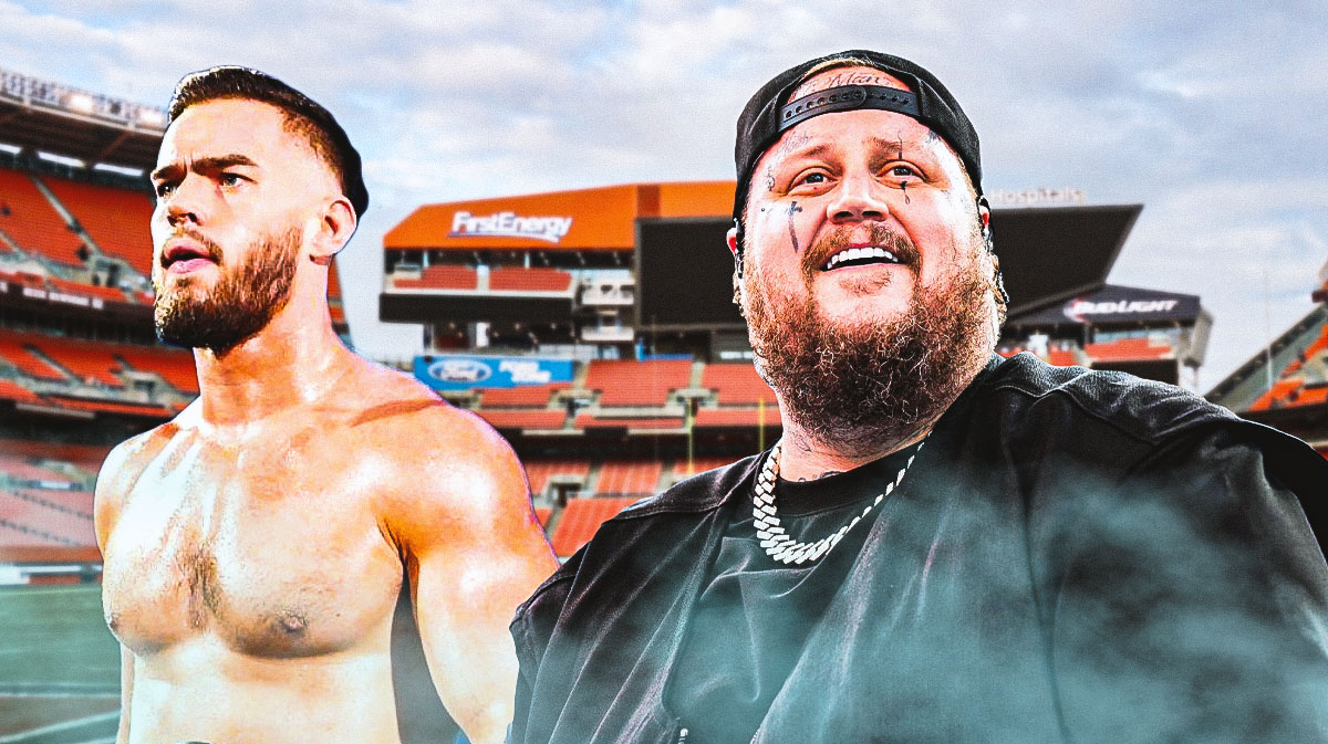 WWE star Austin Theory and Jelly Roll with Cleveland Browns stadium background, where 2024 SummerSlam took place