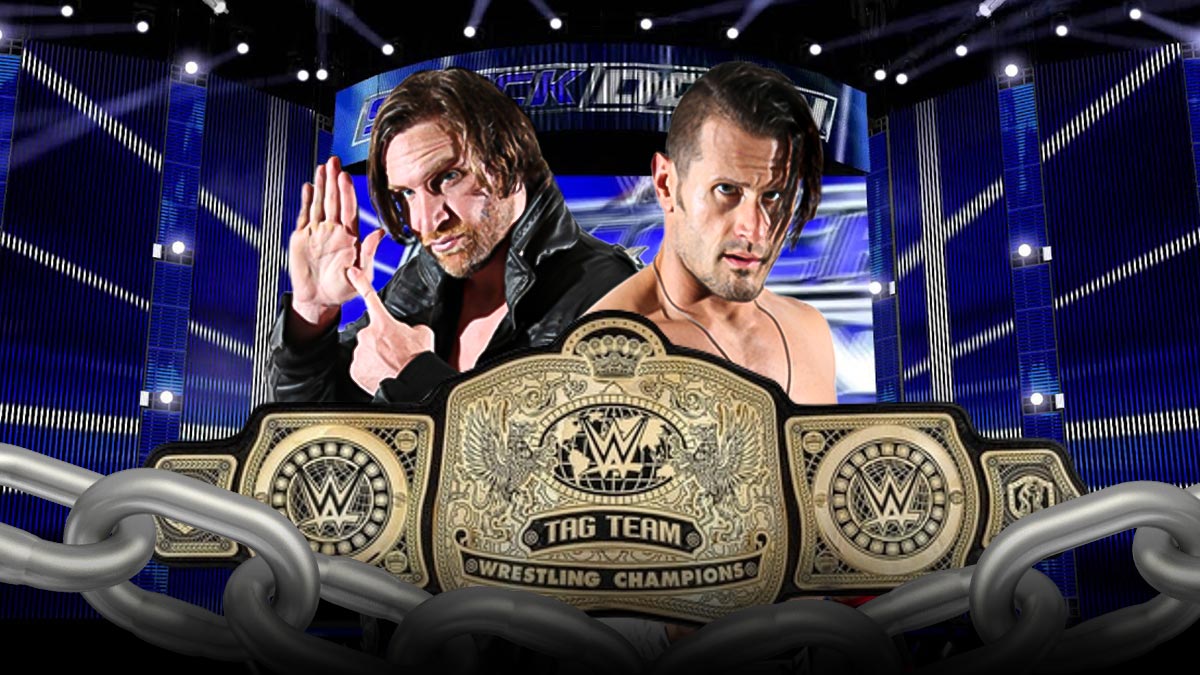 The Motor City Machine Guns with the SmackDown Tag Team Championship belts in front of the SmackDown logo