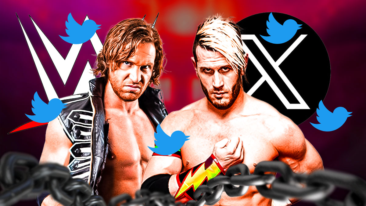 Chris Sabin and Alex Shelley in front of the WWE and X logos, surrounded by Twitter birds.