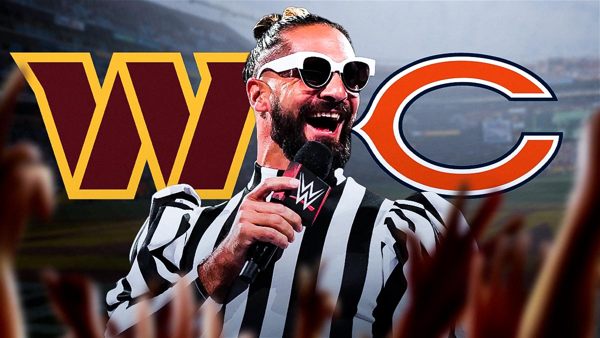 WWE star Seth Rollins in between logos of Washington Commanders, who just won with a Hail Mary, and Chicago Bears.