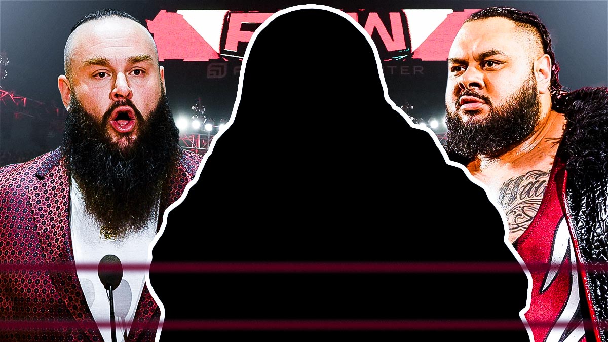WWE star Seth Rollins as silhouette in between Braun Strowman and Bronson Reed with Monday Night RAW background.