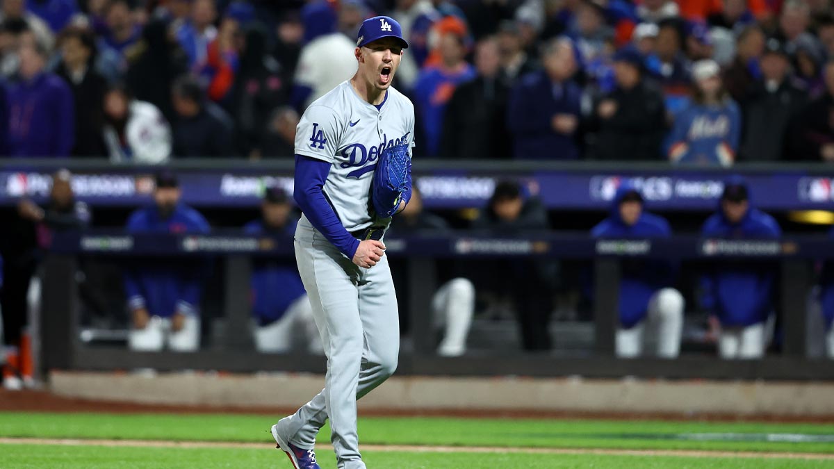 Los Angeles Dodgers pitcher Walker Buehler (21) reacts after an out against the New York Mets in the second inning during game three of the NLCS for the 2024 MLB playoffs at Citi Field.