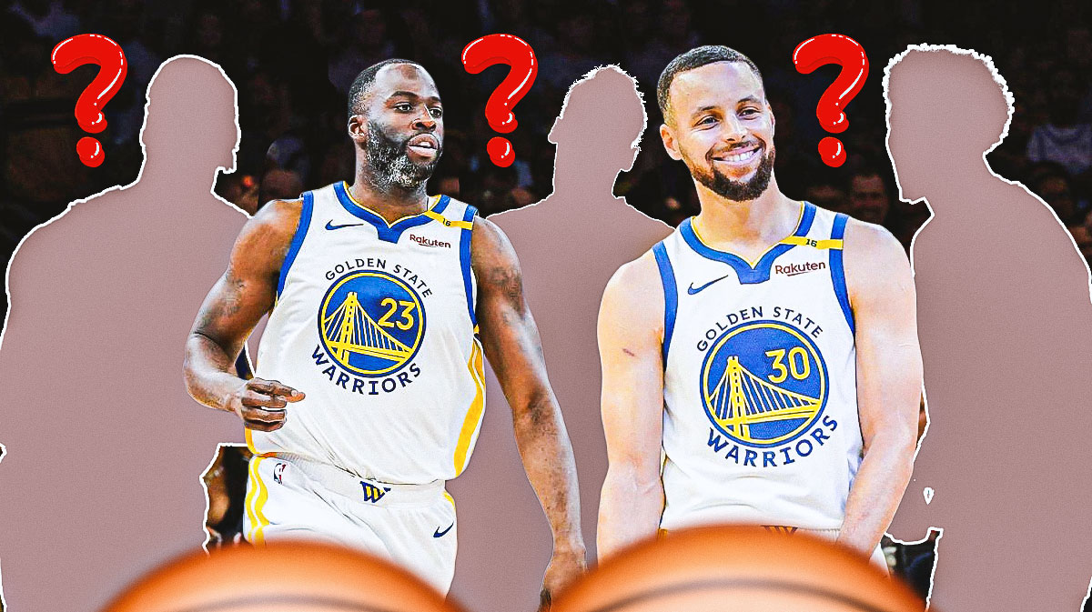 Warriors Draymond Green and Stephen Curry surrounded by 3 basketball player silhouettes and question marks