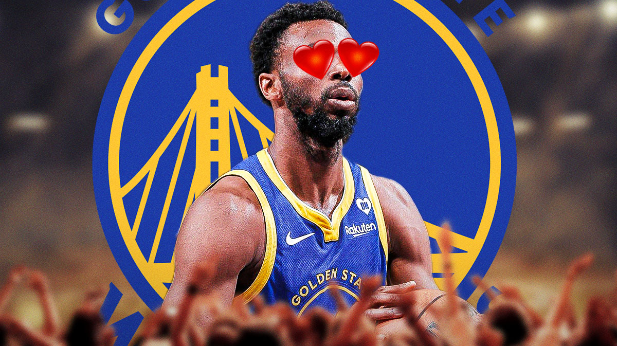 Andrew Wiggins with hearts for eyes featuring a Warriors themed bg.
