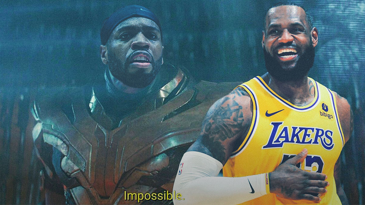 Warriors' Buddy Hield as Thanos in the "Impossible" meme while looking at a smiling Lakers' LeBron James