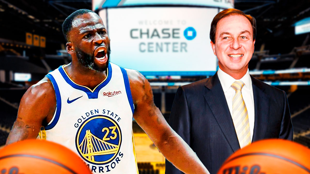 Golden State Warriors forward Draymond Green screaming with Warriors owner Joe Lacob standing beside him. There's also a background of the Chase Center behind them.