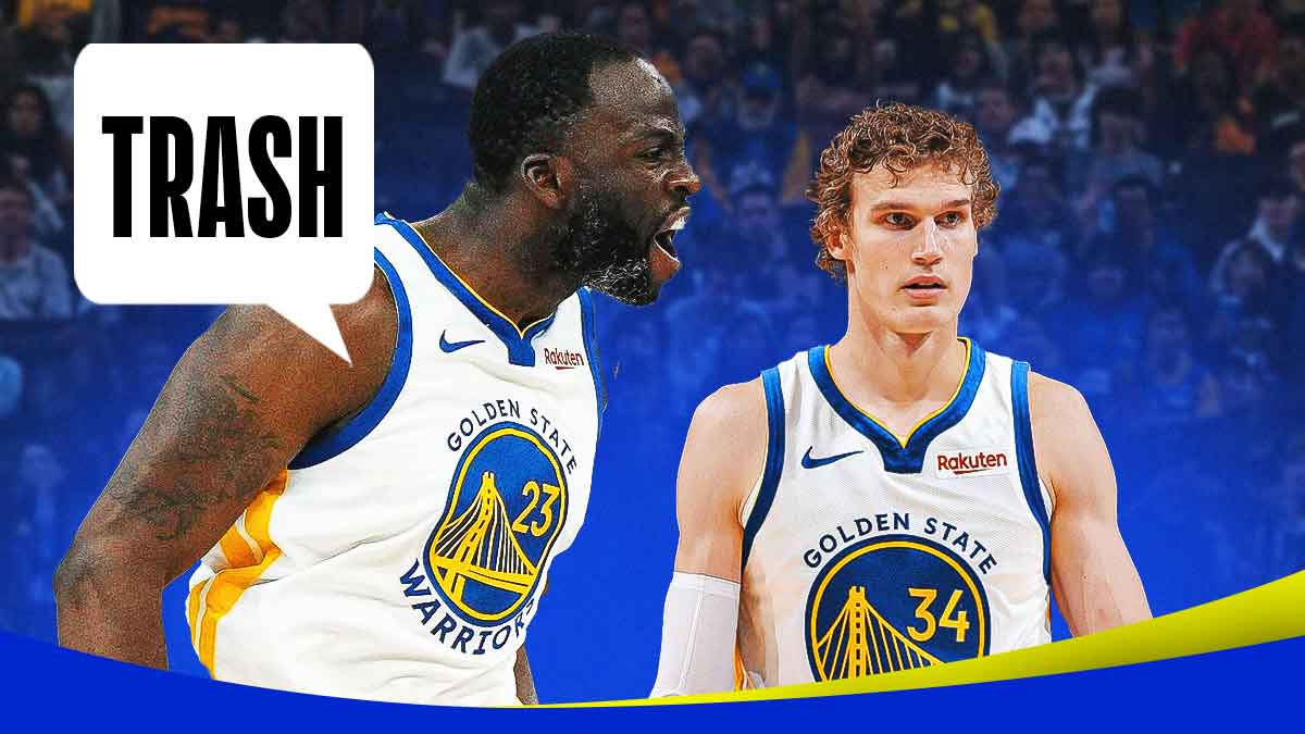 Draymond Green saying "TRASH" with Lauri Markkanen beside him wearing Warriors gear.