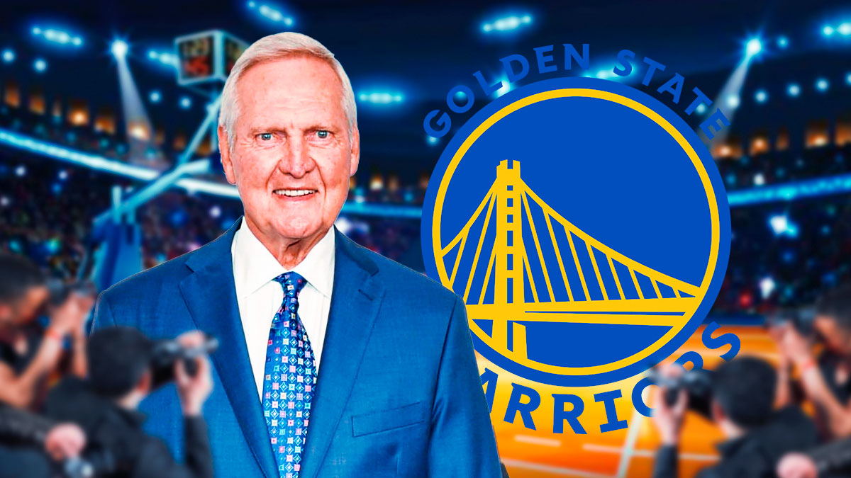 Jerry West with a Warriors logo next to him