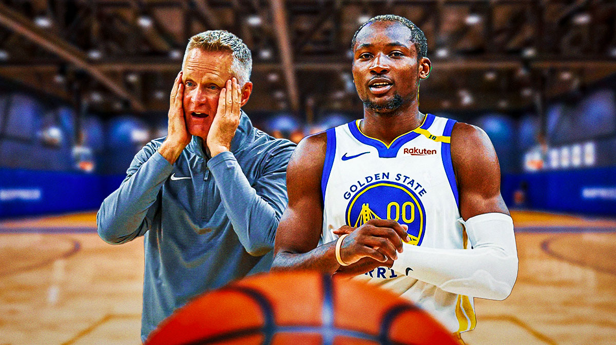 Warriors head coach Steve Kerr next to Warriors forward Jonathan Kuminga with the Warriors arena in the background
