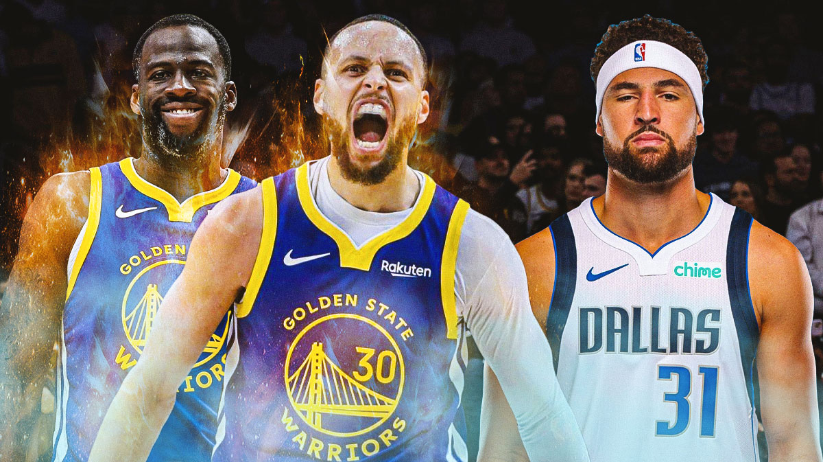 Warriors' Stephen Curry and Draymond Green next to Mavs' Klay Thompson