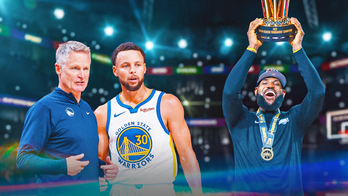 Warriors' Steve Kerr and Stephen Curry looking confused, while looking at Lakers' LeBron James holding the 2023 NBA In-Season Tournament trophy