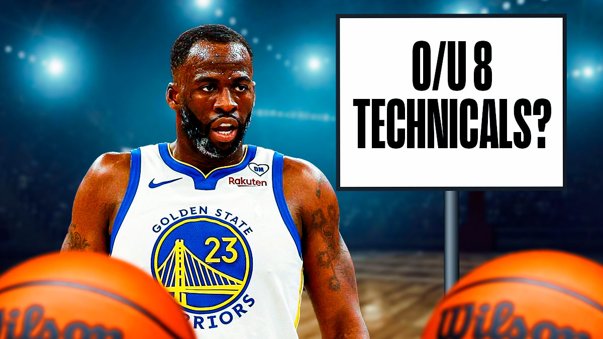 Warriors' Draymond Green with a sign that says O/U 8 TECHNICALS?