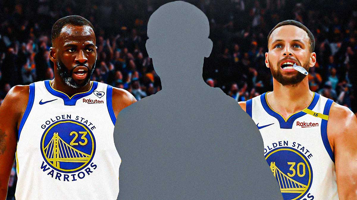 Silhouette of Warriors Jonathan Kuminga with Stephen Curry on one side and Draymond Green on the other