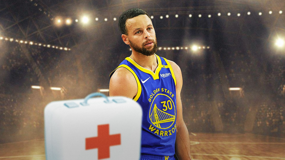 Photo: Steph Curry with a medical kit beside him in Warriors jersey