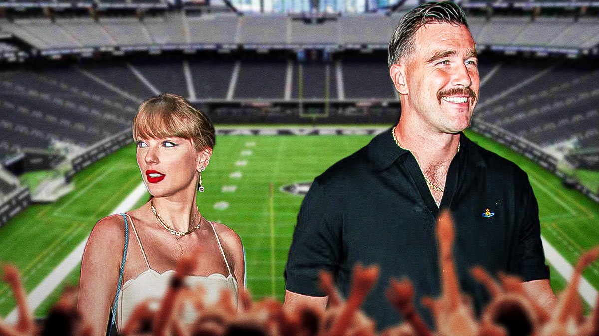 Taylor Swift and Kansas City Chiefs tight end Travis Kelce with Allegiant Stadium background.