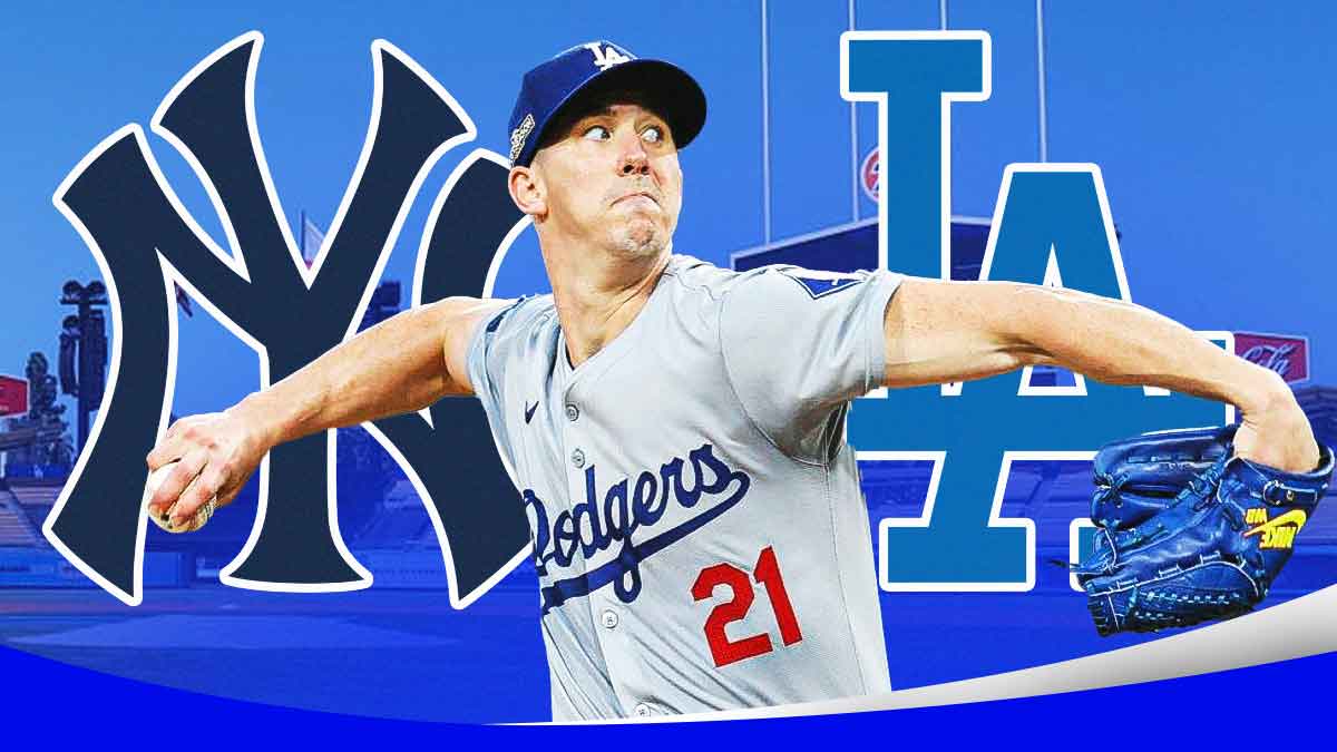 Dodgers Walker Buehler pitching a baseball in front. In background, place the Los Angeles Dodgers and New York Yankees 2024 logos.