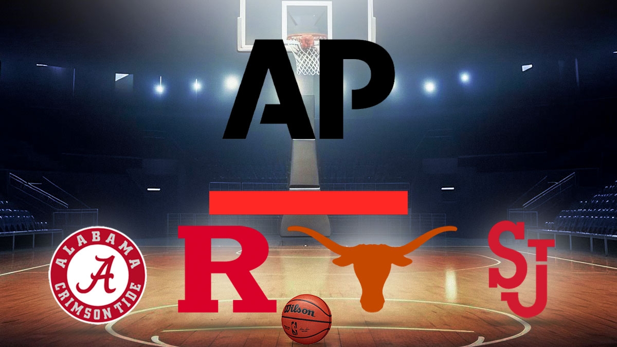 Associated Press logo next to Alabama, Rutgers, Texas, and St. John’s logos all in a circle