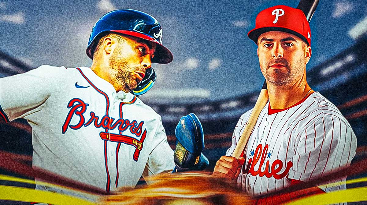Whit Merrifield in a Phillies jersey next to Whit Merrifield in a Braves jersey