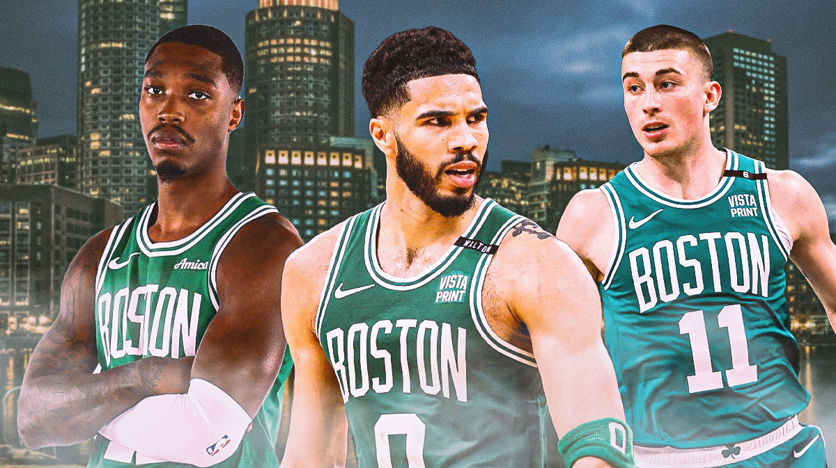 Jayson Tatum, Payton Pritchard, and Lonnie Walker all in Celtics jerseys on a generic Celtics background or Boston city background