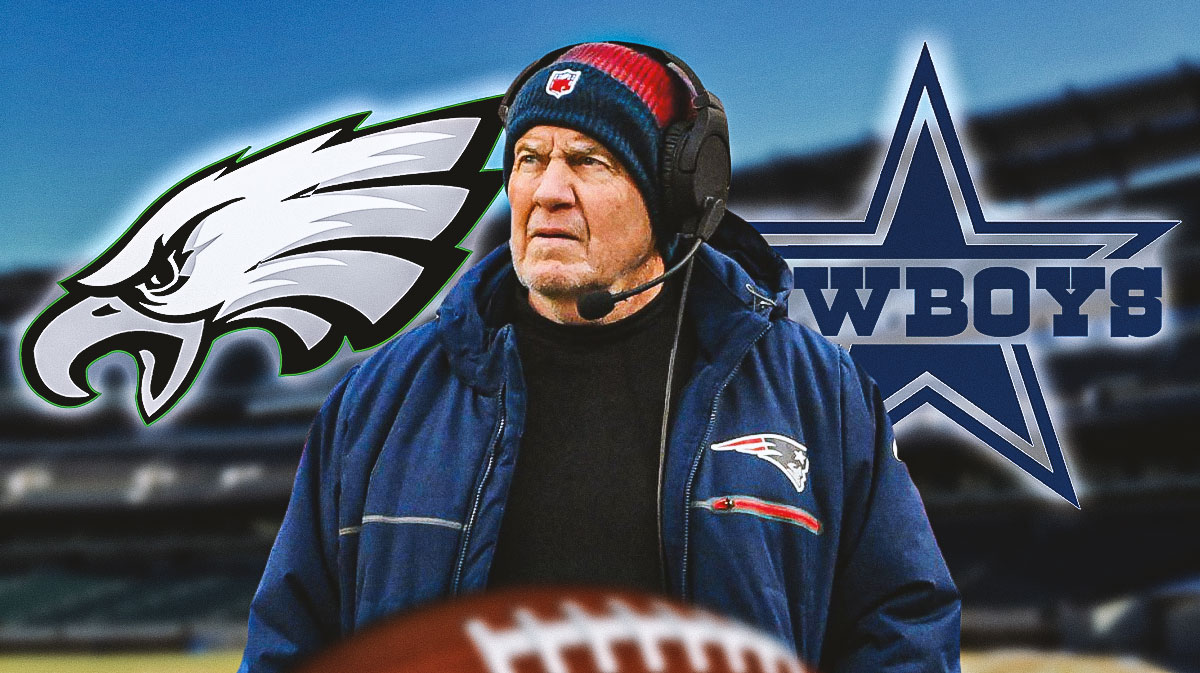 Former New England Patriots head coach Bill Belichick in center, Philadelphia Eagles logo on right side, Dallas Cowboys logo on left side, Lincoln Financial Field (home stadium of the Philadelphia Eagles) in background