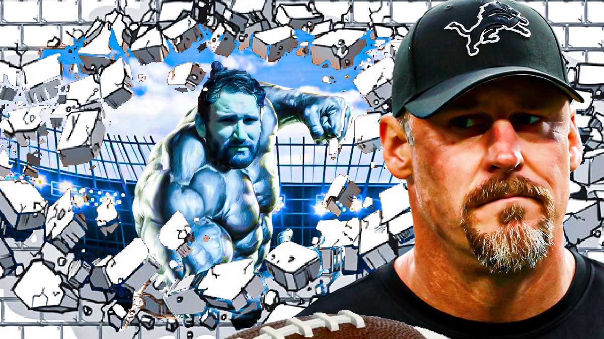 Frank Ragnow as a Honolulu Blue Incredible Hulk smashing through a wall with his fist next to a scared Dan Campbell