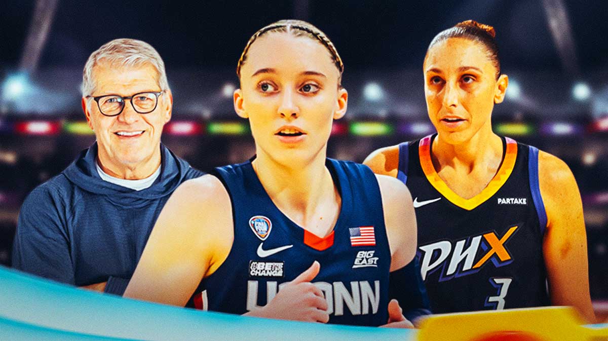 UConn women's basketball player Paige Bueckers in the center, with UConn women's basketball coach Geno Auriemma on one side, and WNBA Phoenix Mercury player Diana Taurasi on the other side