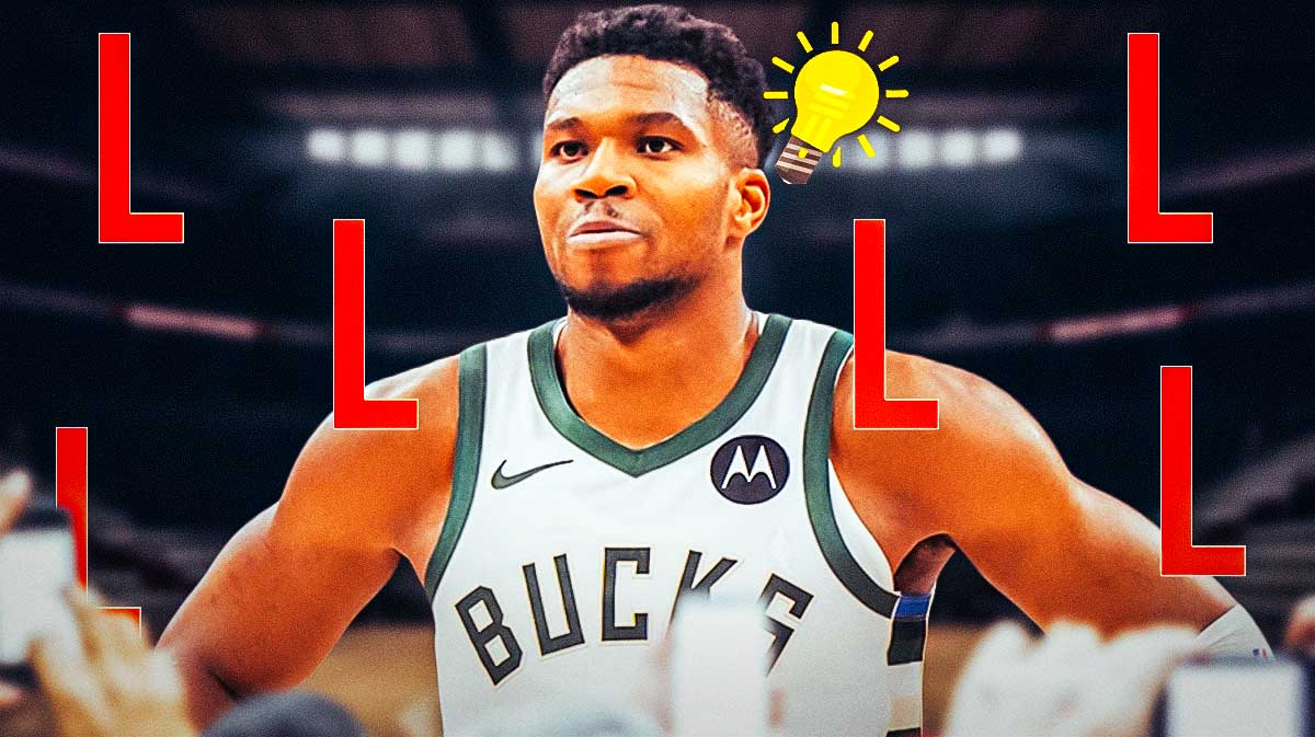 Bucks' Giannis Antetokounmpo with red Ls and light bulb