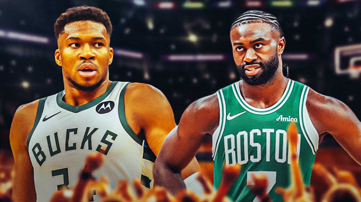 Milwaukee Bucks player Giannis Antetokounmpo and Boston Celtics player Jaylen Brown