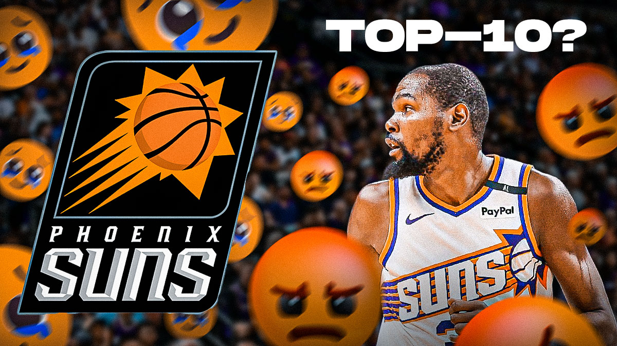 A photo of Phoenix Suns forward Kevin Durant looking confused, with a tearing graphic that shows the Suns logo. There are also angry emojis around him and the words "Top-10?" above him.