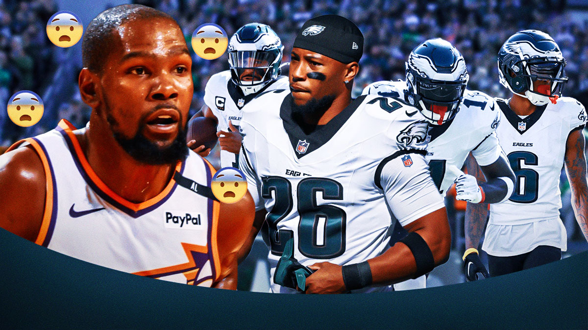 Photo: Kevin Durant with scared emojis around him looking at Saquon Barkley in Eagles jersey, have Jalen Hurts, AJ Brown, DeVonta Smith behind Barkley