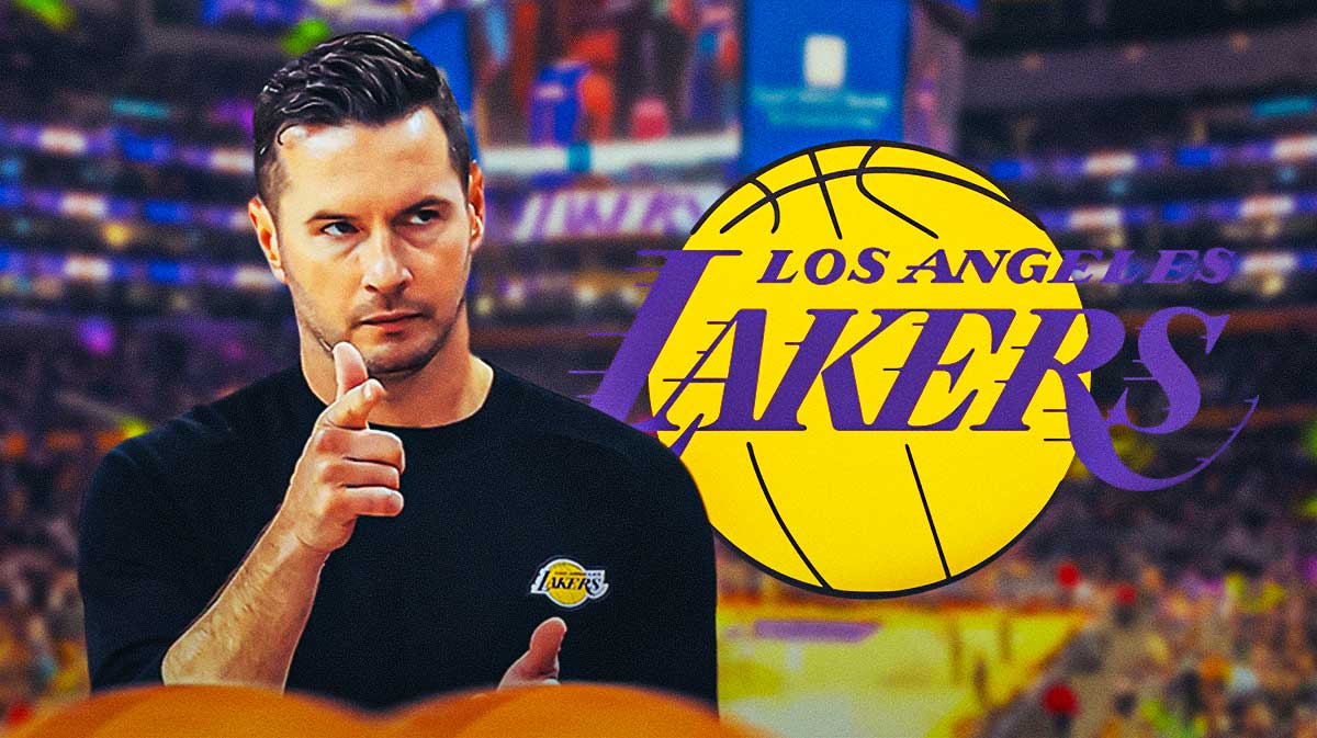 Los Angeles Lakers head coach JJ Redick and the Lakers logo