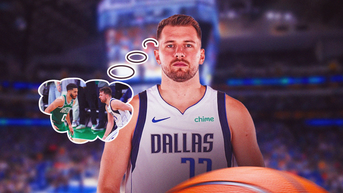 Mavericks Luka Doncic with a thought bubble. In the bubble, place Celtics Jayson Tatum defending Mavericks Luka Doncic.