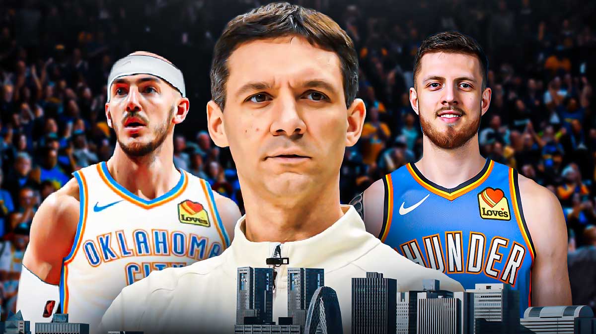 Thunder head coach Mark Daigneault next to Thunder center Isaiah Hartenstein & Thunder guard Alex Caruso