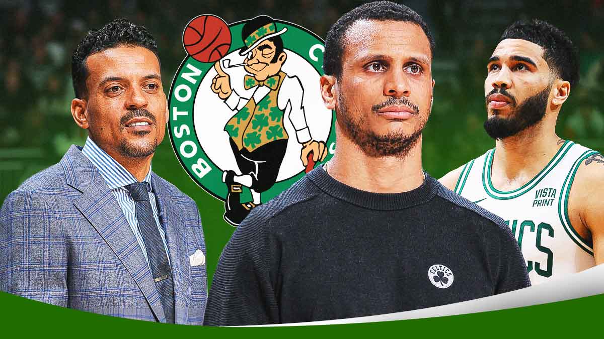 Matt Barnes next to Celtics Joe Mazzulla and Jayson Tatum