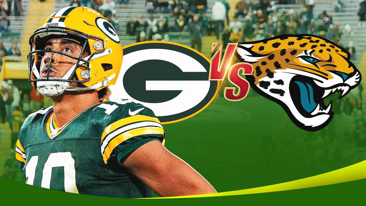 Jordan Love looking upset with a Packers versus Jaguars logo