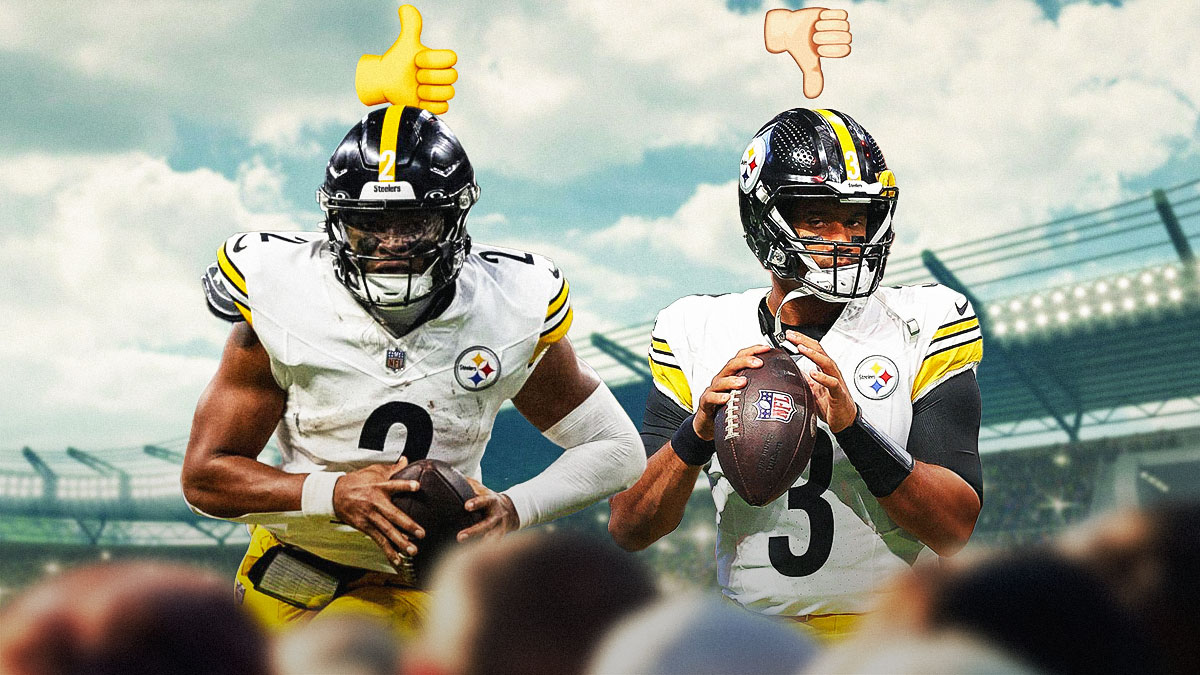 Justin Fields in his Steelers uniform with a thumbs up over his head next to Russell Wilson in his Steelers uniform with a thumbs down over his head in front of the Steelers Stadium.