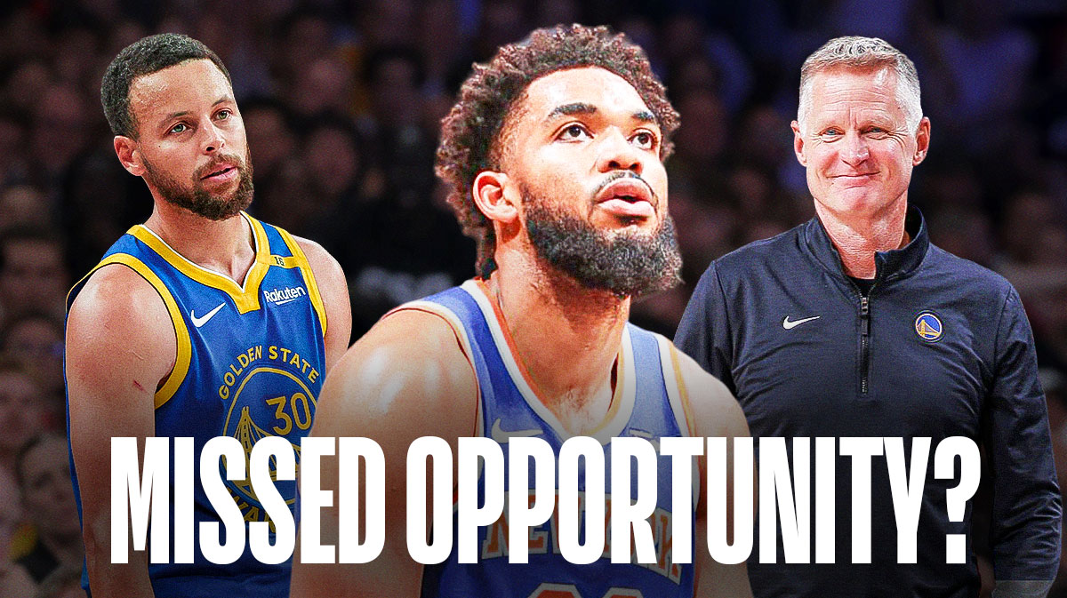 Knicks' Karl-Anthony Towns smiling, with Warriors' Stephen Curry and Steve Kerr looking on, caption below: MISSED OPPORTUNITY?