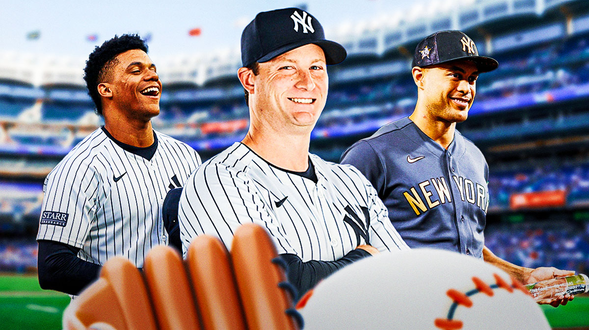 New York Yankees players Gerrit Cole, Giancarlo Stanton and Juan Soto