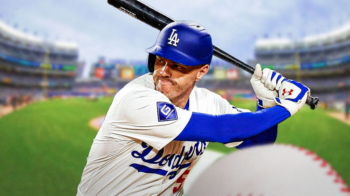 Dodgers Freddie Freeman swinging a baseball bat in middle. Place Yankee Stadium in background.