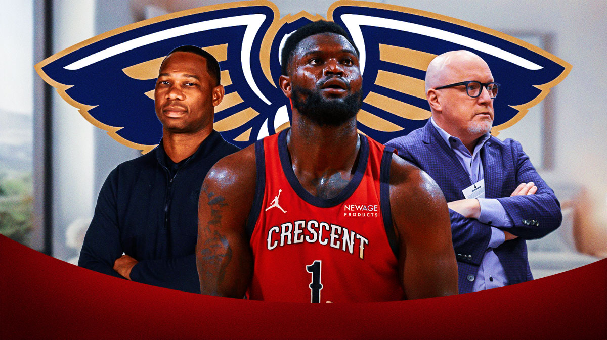 Zion Williamson, Willie Green, David Griffin, and a panic room with the Pelicans logo.