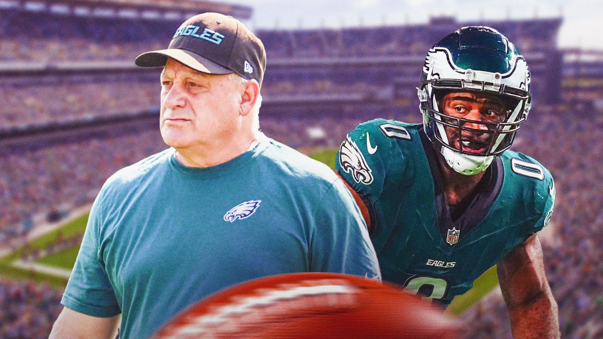 Bryce Huff next to Vic Fangio in front of the Eagles stadium.