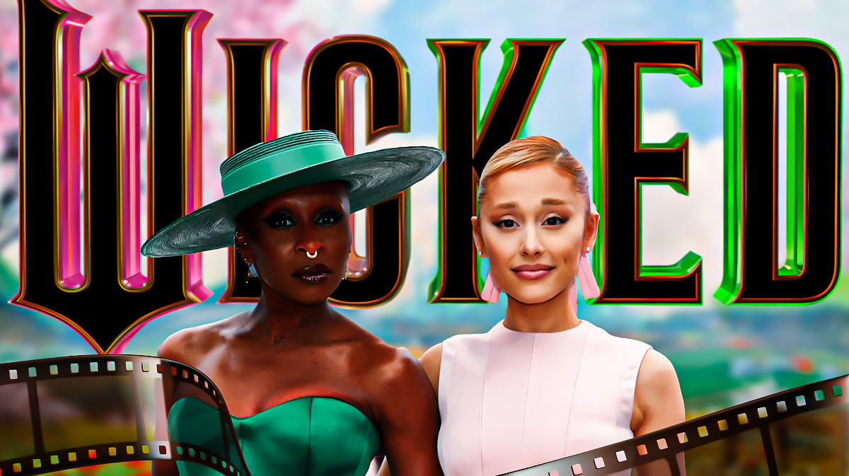Wicked movie logo with stars Cynthia Erivo and Ariana Grande in front of the Land of Oz.