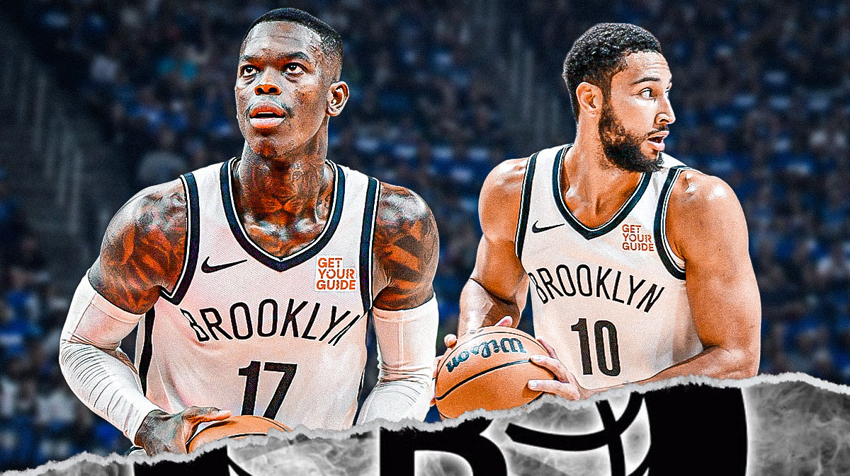 Dennis Schroder and Ben Simmons in Nets jerseys.