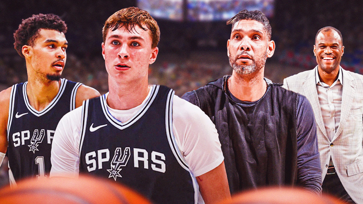 Collage of pics of Cooper Flagg and Wemby (in Spurs jerseys), and Tim Duncan and David Robinson