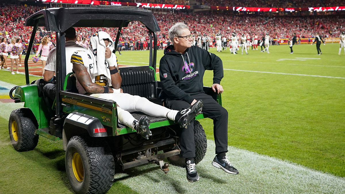 New Orleans Saints cornerback Will Harris (5) is taken off the field in a cart after suffering an injury against the Kansas City Chiefs during the first half at GEHA Field at Arrowhead Stadium.