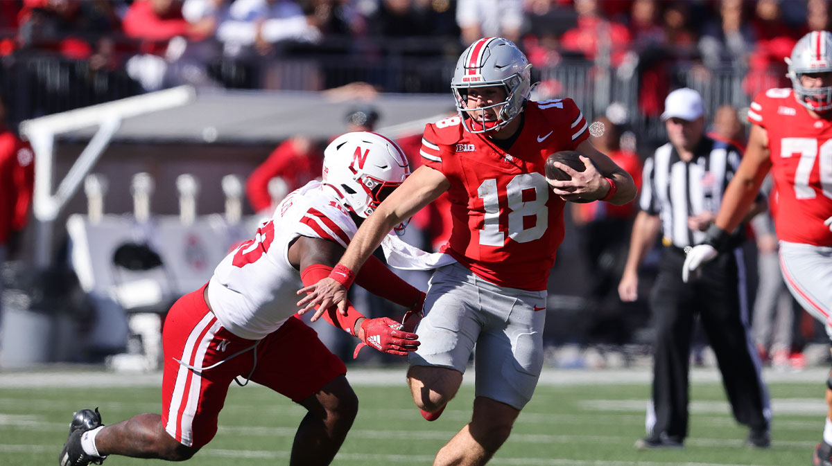 Ohio State Buckeyes quarterback Will Howard (18) runs for a first down during the fourth quarter against the Nebraska Cornhuskers at Ohio Stadium.
