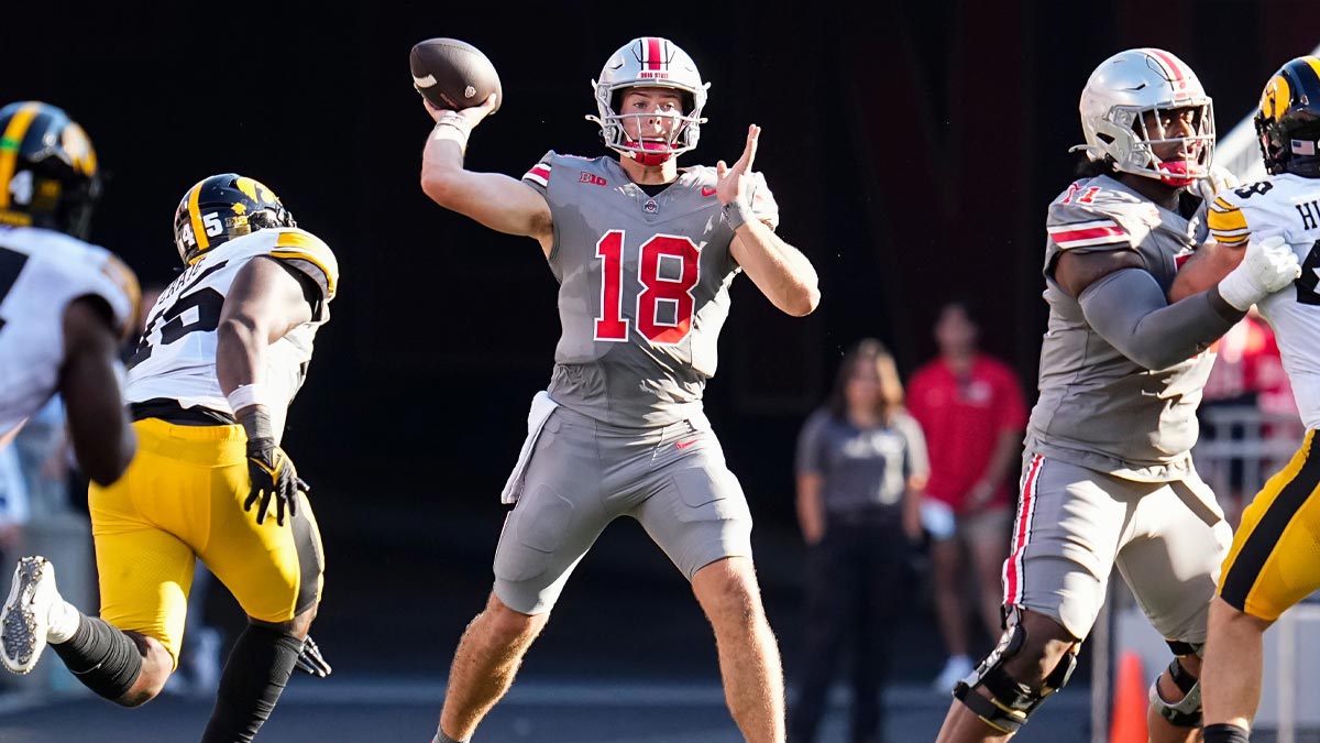 Ohio State quarterback Will Howard (18) looks to throw during his team's game against Iowa