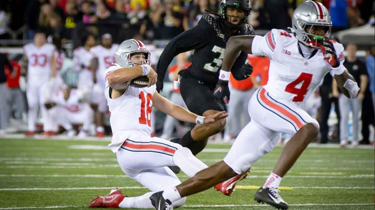 Ohio State Buckeyes quarterback Will Howard slides as time expires and the No. 3 Oregon Ducks defeated the No. 2 Ohio State Buckeyes 32-31